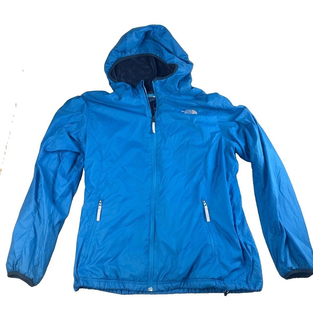 The North Face Womens XL Blue Hooded Fleece Lined Windbreaker Jacket Full Zip